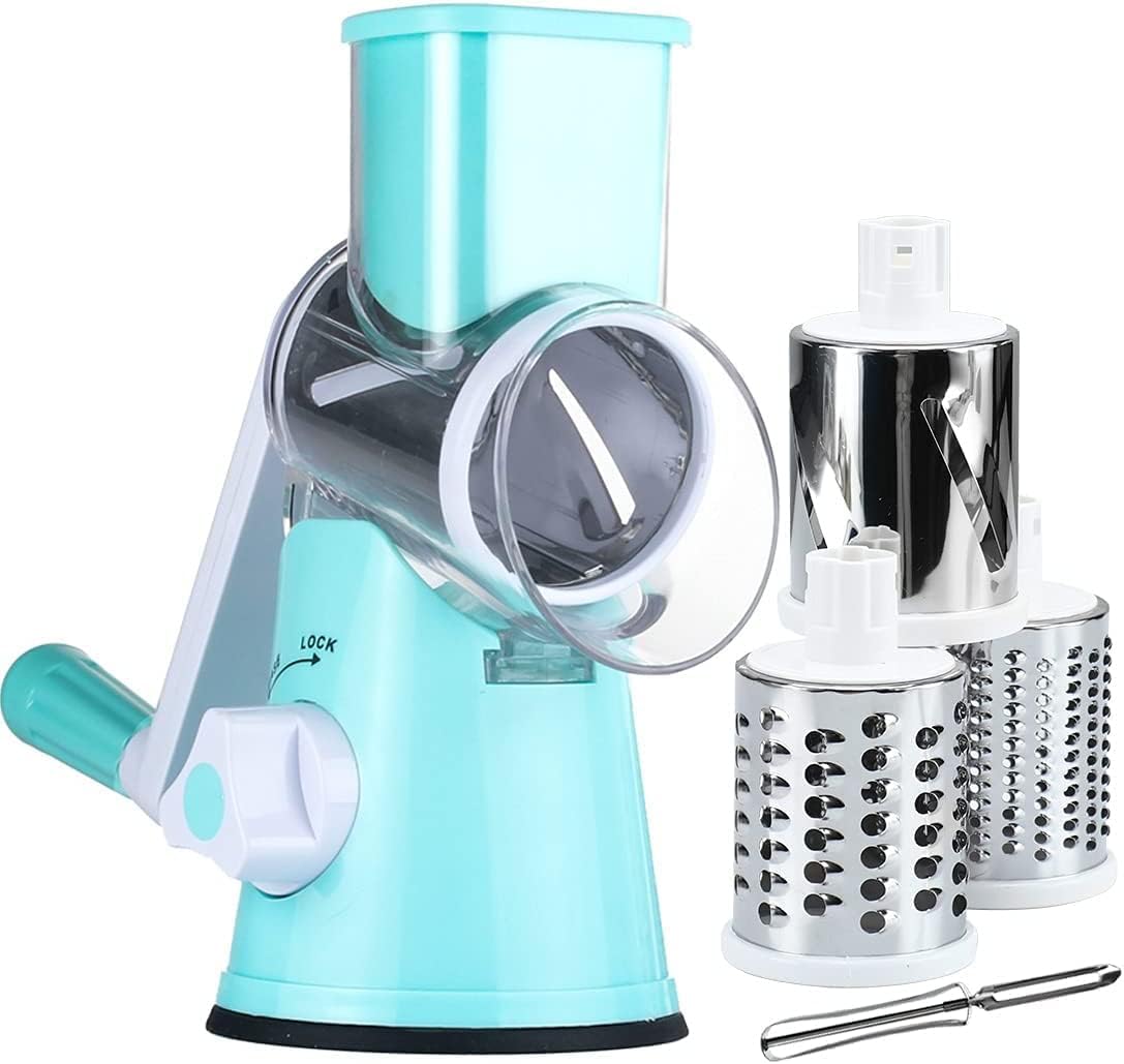 Maxceysen Rotary Cheese Grater with Handle Vegetable Shredder Round Kitchen Slicer Mandoline Grater for Vegetable, Nuts, Chocolate, Cheese, White, 3 Stainless Steel Blades