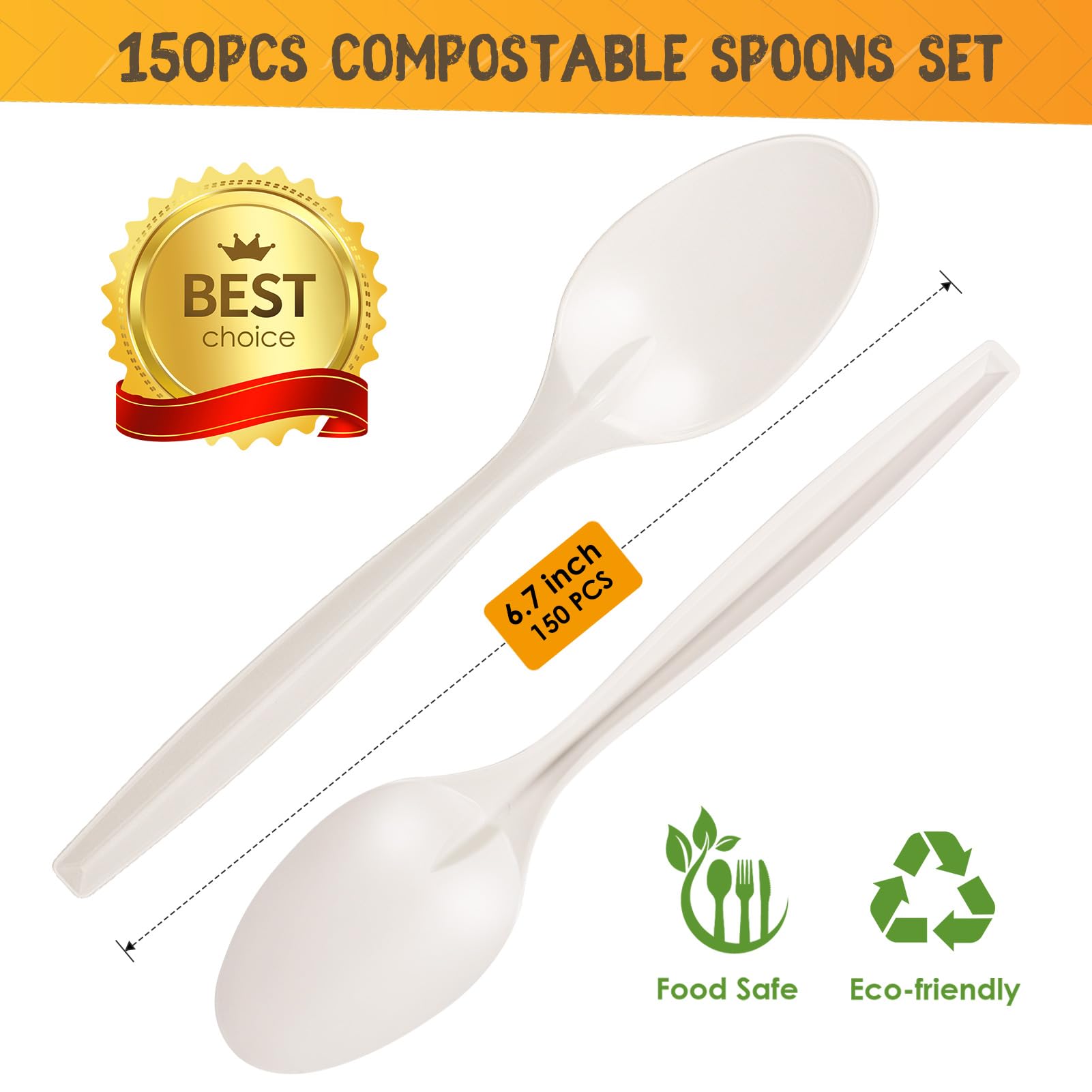 Gezond Compostable Spoons 150 Pack 6.7 Inch Disposable Spoons No Plastic Biodegradable Cutlery Set Heavy-duty for Party Wedding Camping Office Picnic