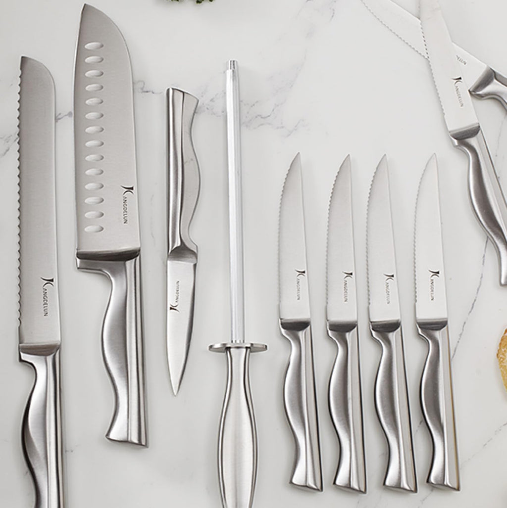 KANGDELUN 15‑Pc Kitchen Knife Set w/Block & Sharpener, Ultra Sharp 50Cr15MoV High Carbon Stainless Steel Blades, Ergonomic Anti‑Slip Handles, Angled Wood Block, Chef Knife, 6 Steak Knives & Shears