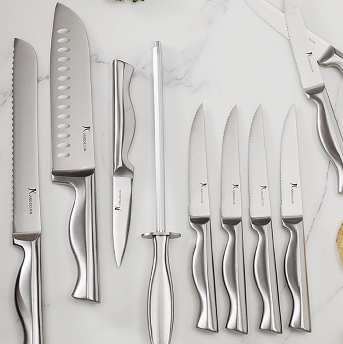 KANGDELUN 15‑Pc Kitchen Knife Set w/Block & Sharpener, Ultra Sharp 50Cr15MoV High Carbon Stainless Steel Blades, Ergonomic Anti‑Slip Handles, Angled Wood Block, Chef Knife, 6 Steak Knives & Shears