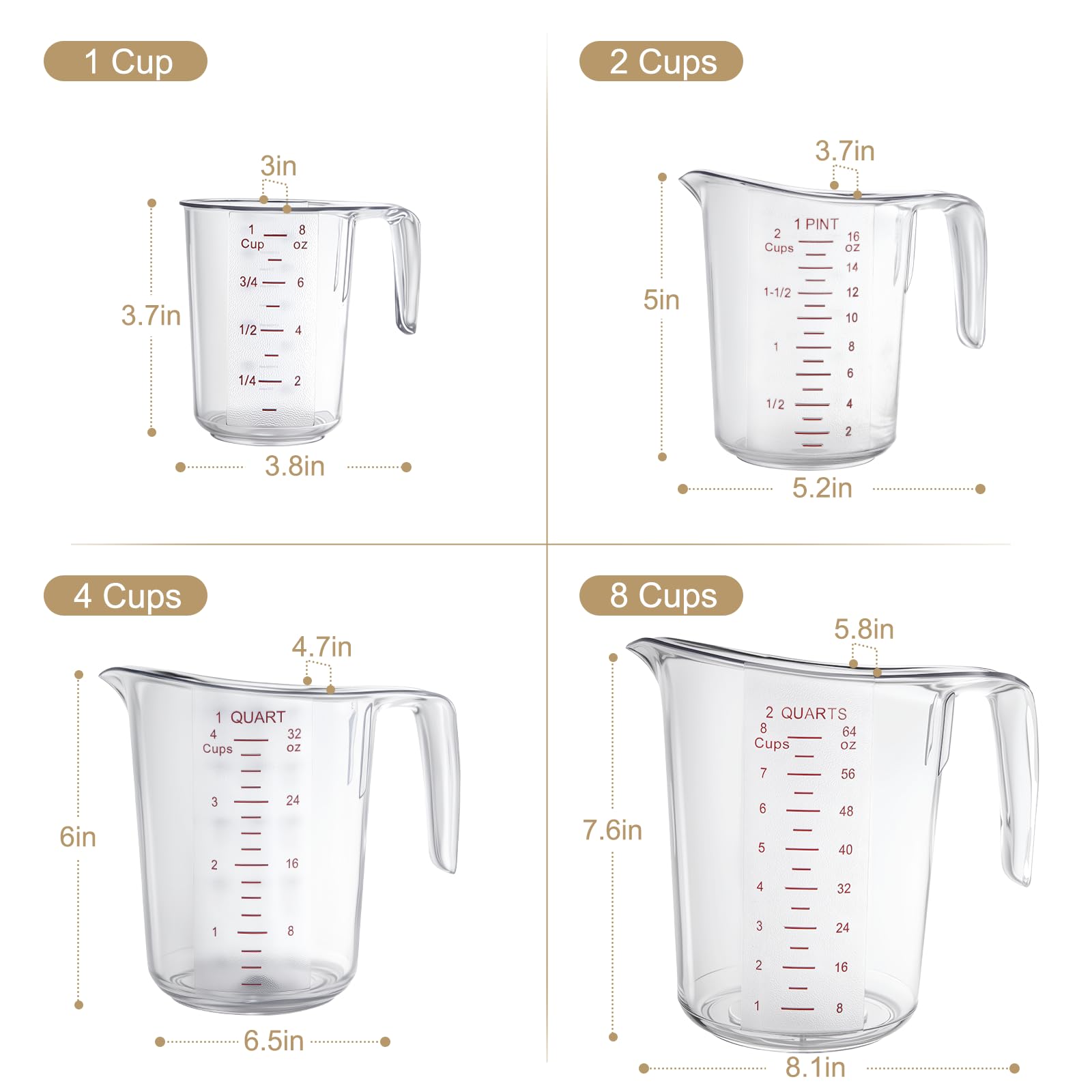 DaYammi Measuring Cups 4-Piece, Unbreakable Food-Grade Plastic Measuring Cup for Dishwasher, 1/2/4/8-Cup Nesting Liquid Measuring Cups for Prepping, Baking, Cooking, Readable Markings, Clear