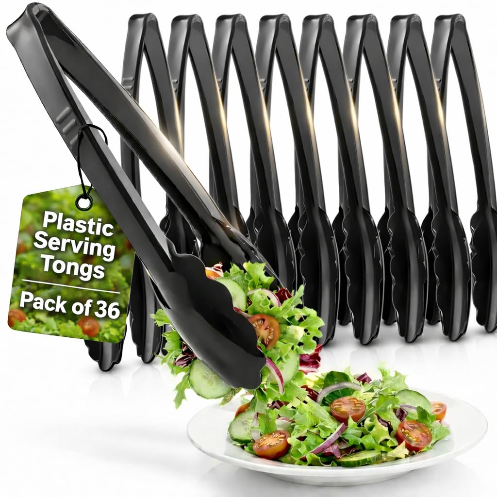 9-Inch Plastic Serving Tongs (12-Pack) Heavy-Duty Black Tongs