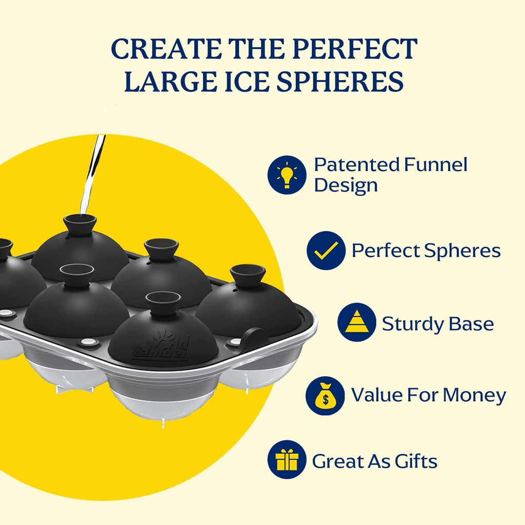 Samuelworld Large Ice Ball Mold with Lid and Bin, 2.5 Inch Ice Balls - Food Grade, Easy To Fill Round Silicone Ice Tray, Perfect Spheres Craft Ice Maker for Whiskey, Cocktails-Black (2 Pack)