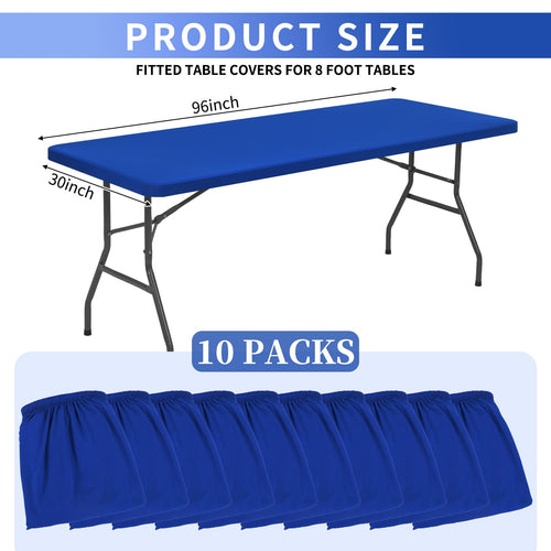 10 Pack Stretch Fabric Table Top Cap Cover, fits 8' Tables, Spandex Table Covers Washable Elastic Rectangle Tablecloth Protector for Indoor Outdoor Party Picnic Wedding, Royal Blue, 30" W x 96" L