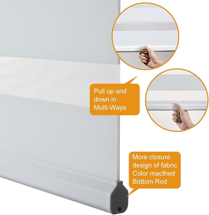 Persilux Cordless Zebra Blinds for Windows Dual Layer Roller Blinds (66"W x 64"H, White) Free-Stop Roller Blinds for Sliding Doors, Light Control for Day and Night, Light Filtering Sheer Roller Shades
