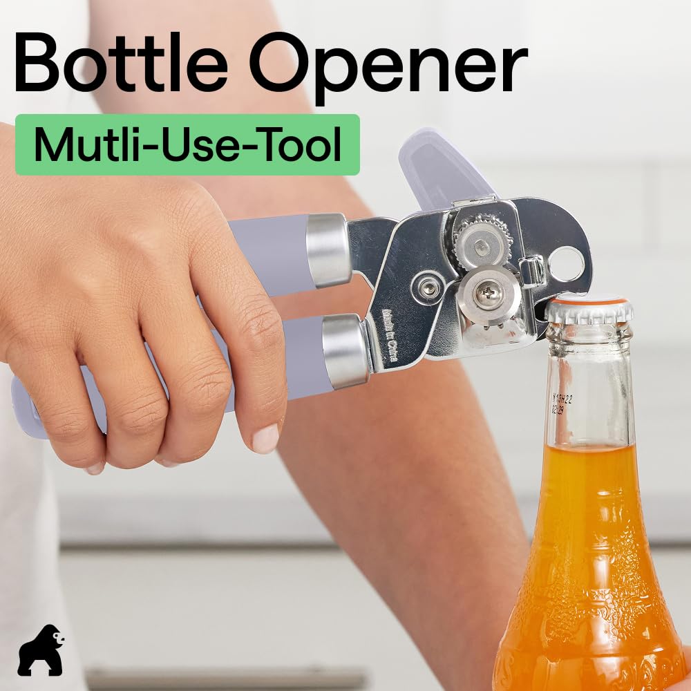 GORILLA GRIP Original Model Stainless Steel Smooth Edge Manual Can Opener and Bottle Openers, US Designed, Comfortable Handle, Oversized Handheld Turn Knob, Multifunctional Kitchen Tool, Lavender