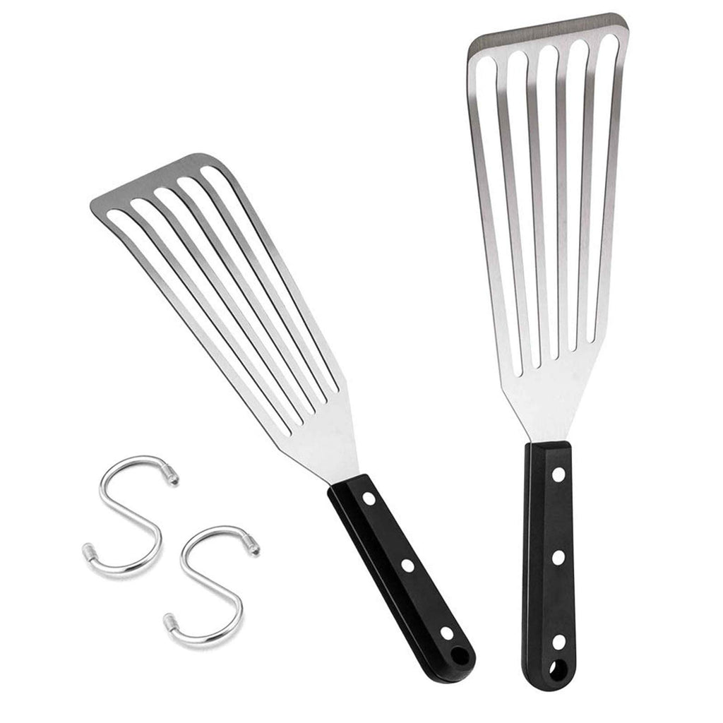 Fish Spatula Set of 2, HaSteeL Stainless Steel Slotted Spatula Turner with Riveted Wooden Handle, Professional Metal Spatulas Great for Kitchen Cooking Flipping Frying & Grilling, 2 x Hooks