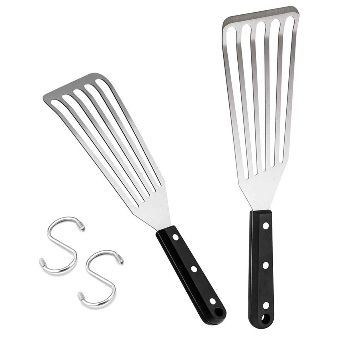 Fish Spatula Set of 2, HaSteeL Stainless Steel Slotted Spatula Turner with Riveted Wooden Handle, Professional Metal Spatulas Great for Kitchen Cooking Flipping Frying & Grilling, 2 x Hooks