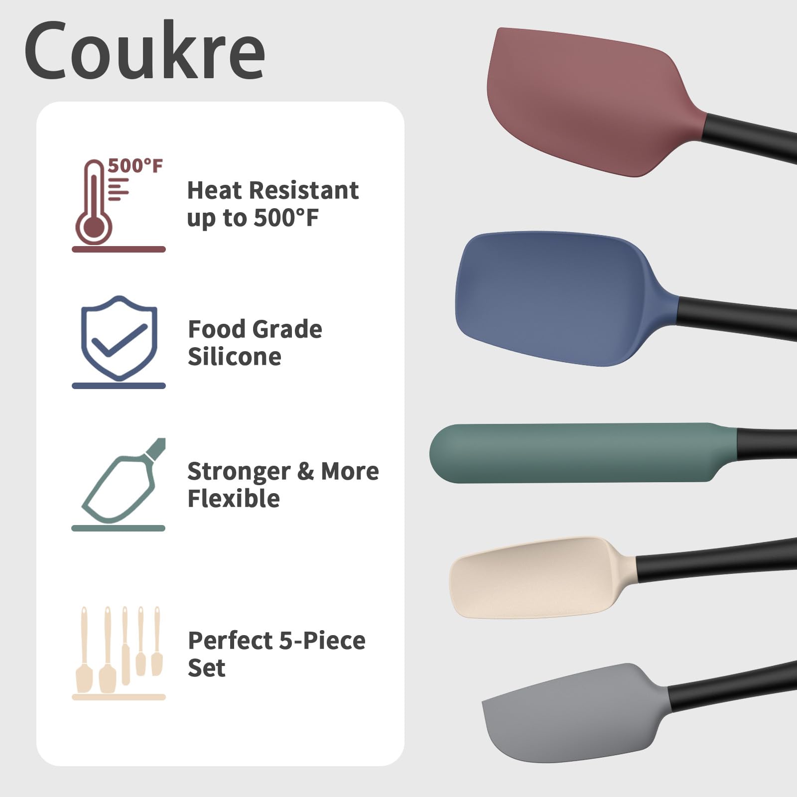 Coukre Silicone Spatula Set of 5,High Temperature Resistant, Food Grade Silicone, Dishwasher Safe, for Baking, Cooking (Colorful A Black)