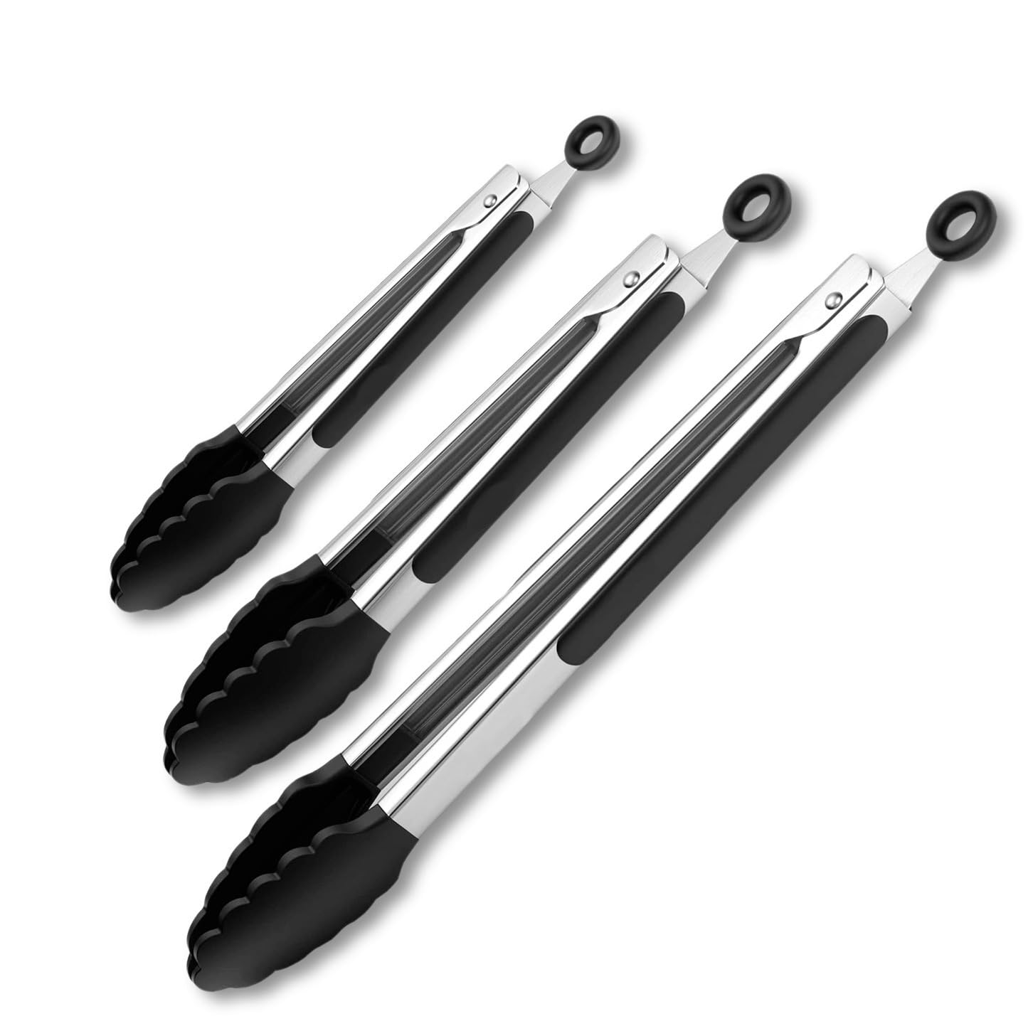 Black Stainless Steel Tongs Set – 7”, 9” & 12” Heat Resistant Kitchen Tongs with Silicone Tip, Strong Grip for Cooking, Salad Tossing, Air Fryer, BBQ & Grill – Pull Lock, Black – Set of 3
