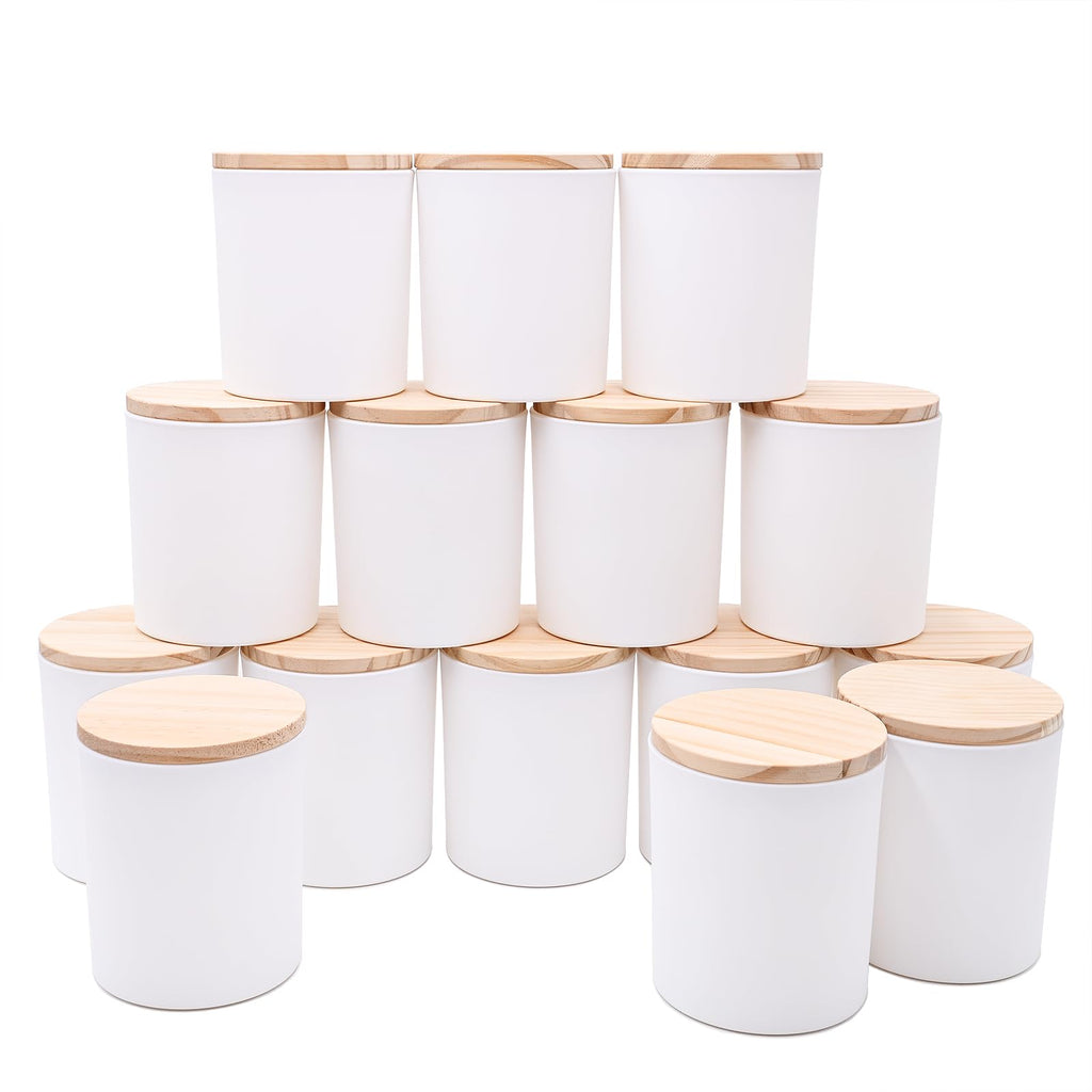 SHOWIN 10 OZ Thick Candle Jars for Making Candles 15 Pcs, Empty Jars with Wood Lids for Candle Making, Sample Container, Frosted Grey
