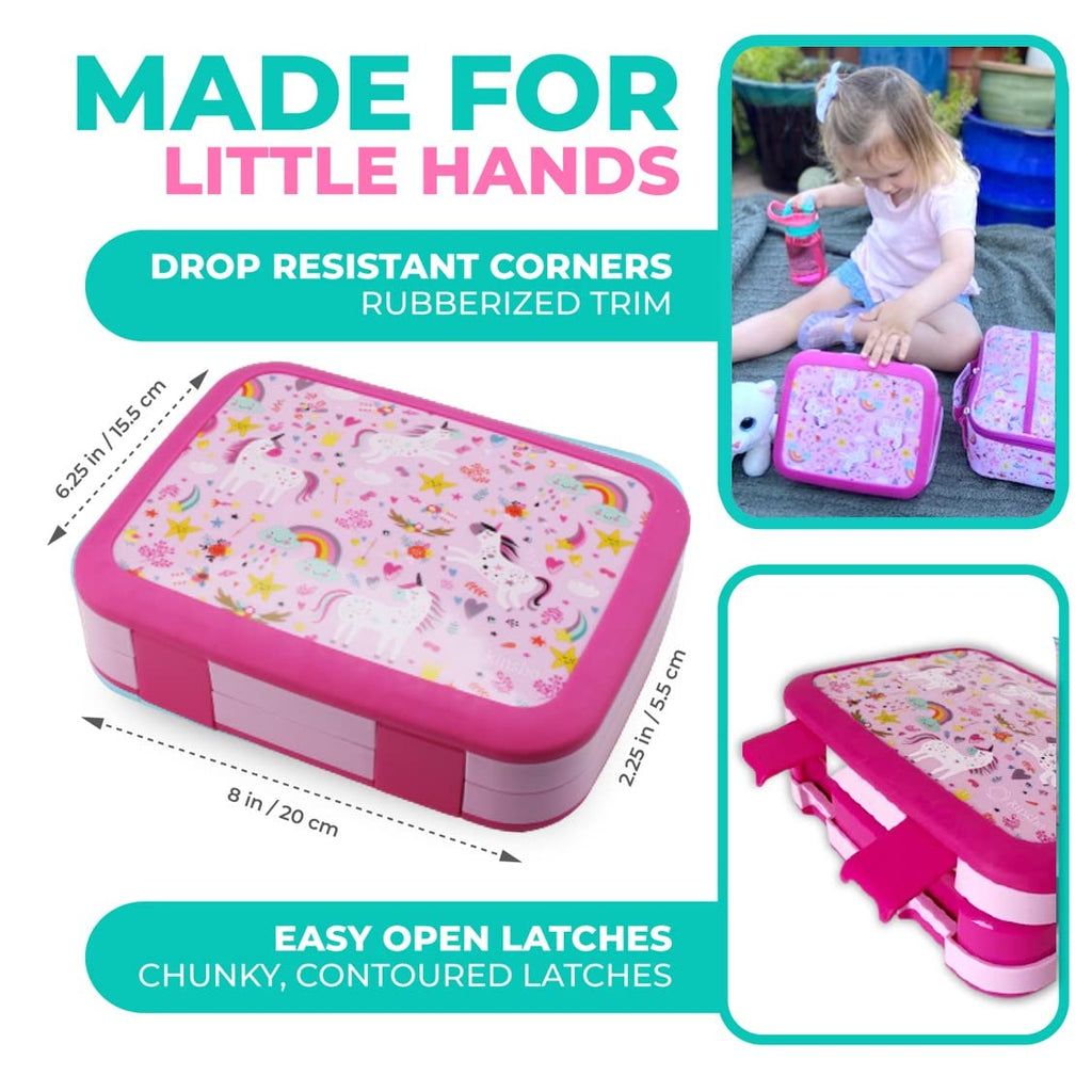 kinsho Bento Lunch Box with Insulated Bag and Water Bottle Set for Kids Toddlers, 4 Portion Sections, Removable Tray, Pre-School Girl Toddler Daycare Lunches, Snack Container, Pink Unicorn