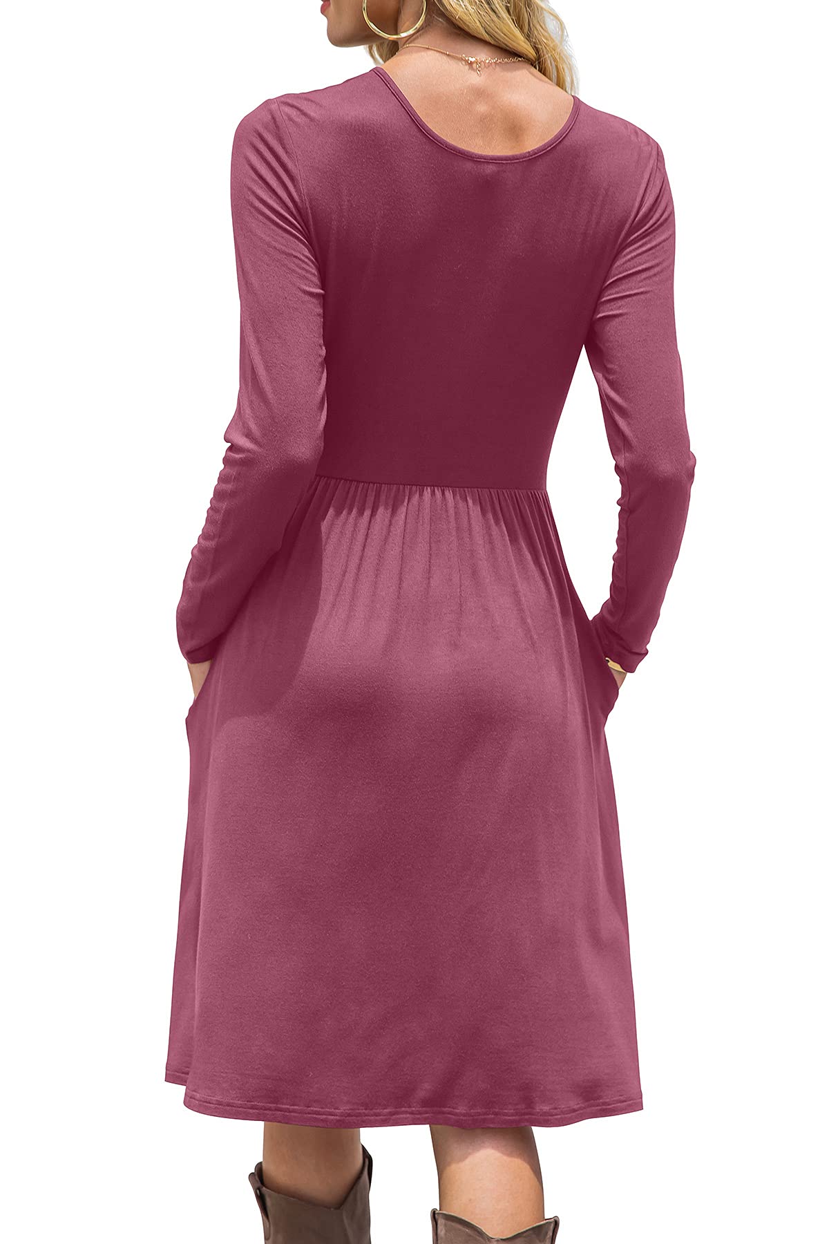 DB MOON Women Casual Long Sleeve Dresses Empire Waist Loose Dress with Pockets (Mauve, L)