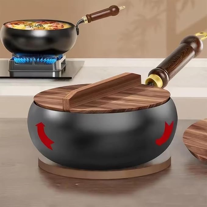 Jinswhdre Cast Iron Skillet, 9.5/11in Jinswhdre Japanese Irons Pan, Hand Forged Uncoated Iron Pan with Lid Spatula, Non-stick Wok for Cooker Gas Stir Fry Pans Durable and Rust-Free (No Lid,11in)