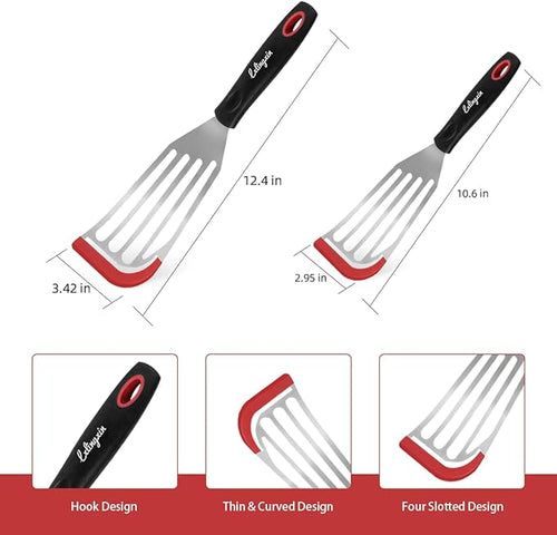 2 Pack Fish Spatula Set with Silicone Edge - Stainless Steel Fish Turner for Nonstick Cookware, Heat Resistant Flexible Kitchen Flipper for Eggs, Filets & Pancakes (Black & Red)