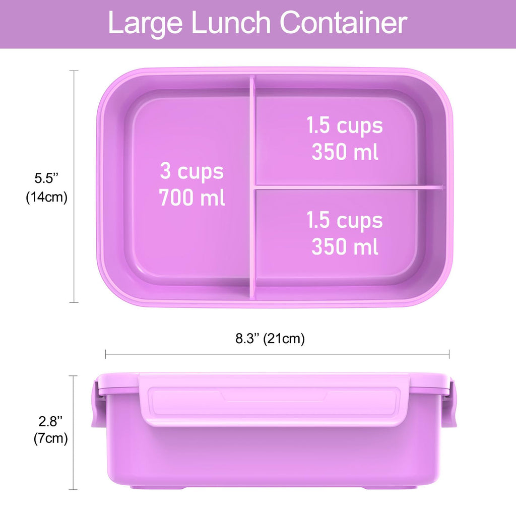 Caperci Classic Bento Lunch Box for Kids & Adults - Leakpoof 47oz Food Lunch Containers for Girls Women, 3-Compartment, Built-in Utensil Set, BPA-Free, Dishwasher/Microwave Safe (Vivid Orchid)