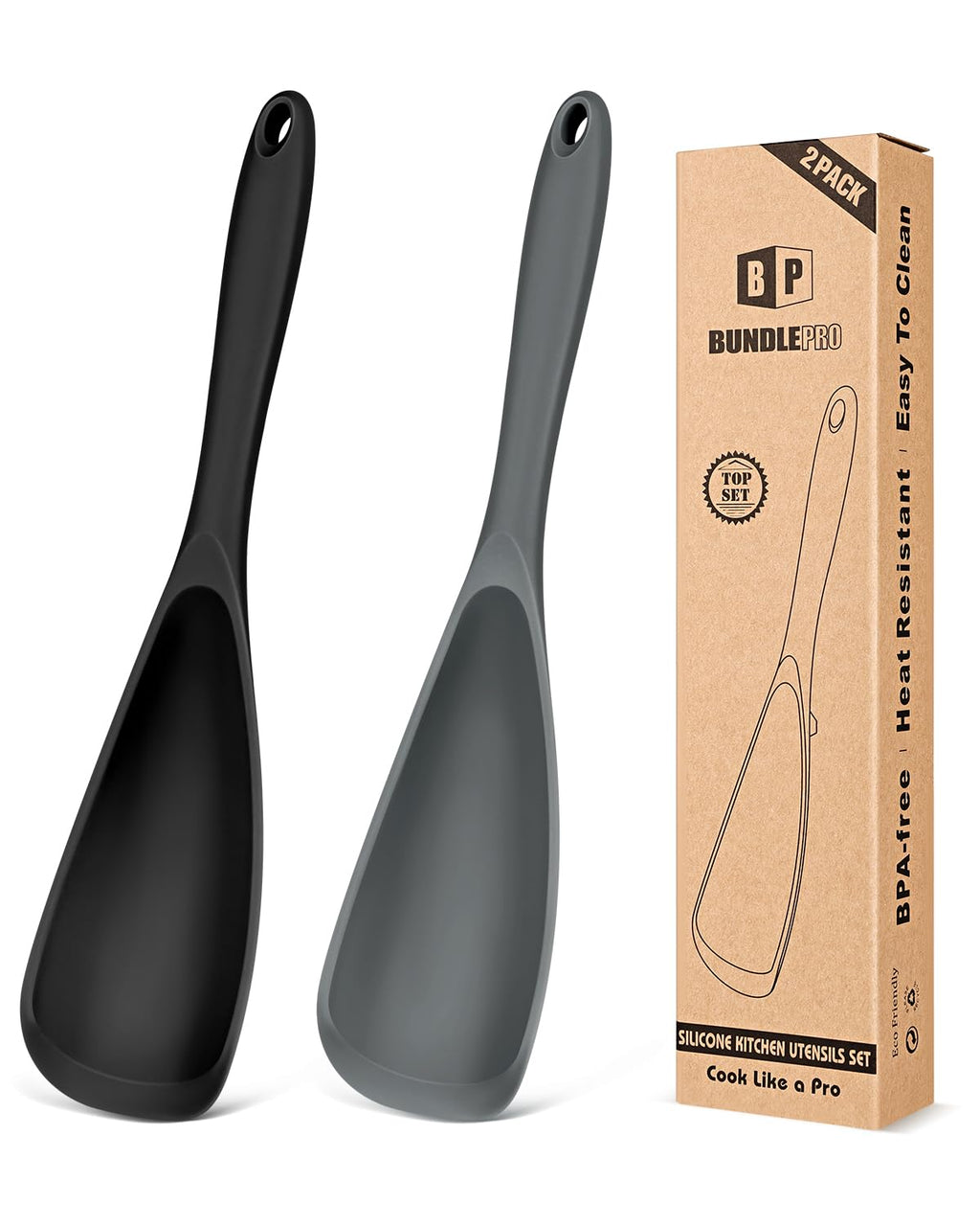 BUNDLEPRO Silicone Cooking Spoons for Nonstick Cookware, One-Piece, 2 Pack