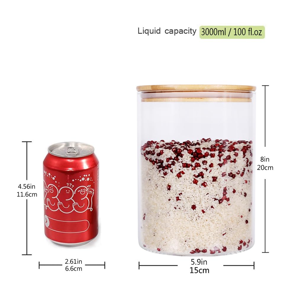 Set of 2 Large Glass Food Storage jar, 100 FL OZ (3000ml) Glass Flour Canister with Airtight Bamboo Lids for Kitchen Corner, BPA-Free Flour Container for Sugar, Ground Coffee, Rice and Dry Food