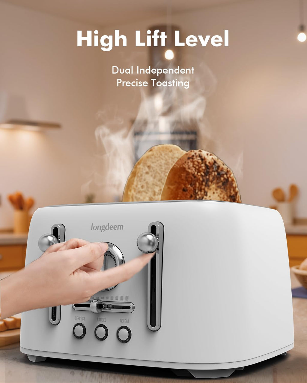 LONGDEEM 4-Slice Stainless Steel Toaster with 1.6" Wide Slots, Retro Bagel Toaster with 6 Browning Levels, Defrost/Bagel/Cancel, Removable Crumb Tray, White