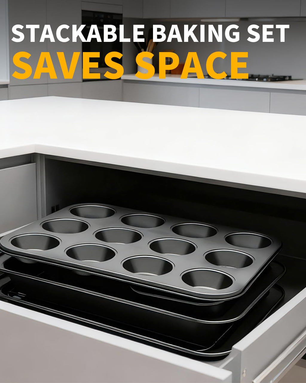 Ymiton Nonstick Baking Pans Set, 19 PCS Stackable Bakeware Sets, Oven Pan Set Includes Baking Tray, Cookie Sheet, Cake Pans, Loaf Pan, Muffin Pan, Silicone Cups
