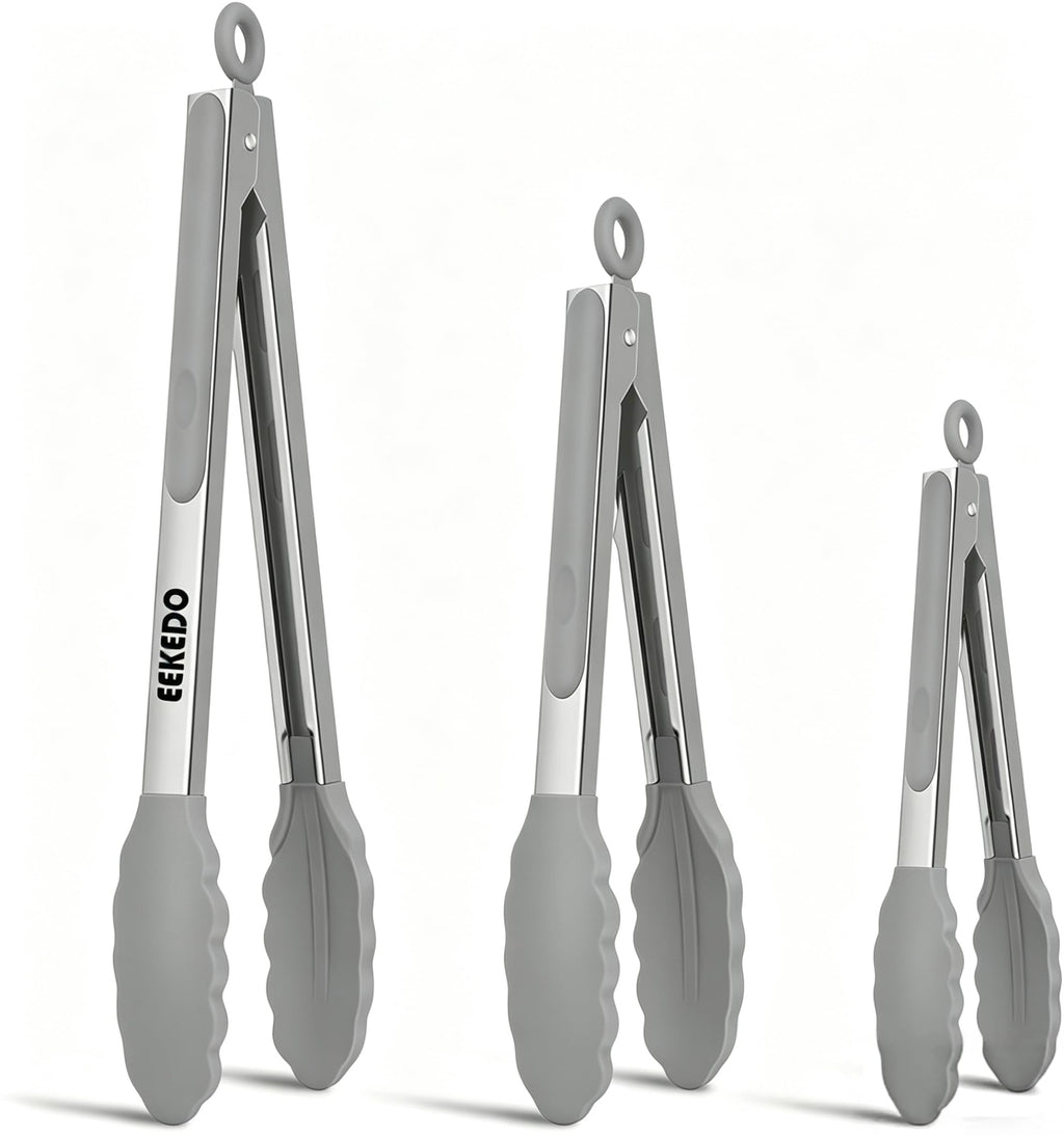 EEKEDO Tongs for Cooking, Stainless Steel Kitchen Tongs with Silicone Tips