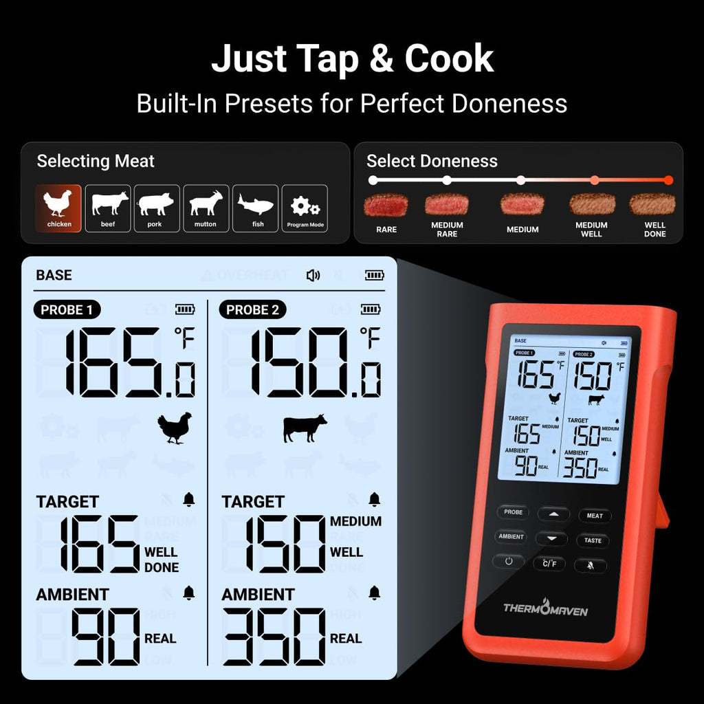 ThermoMaven 3000FT Wireless Meat Thermometer, No App Needed, 2 Probes