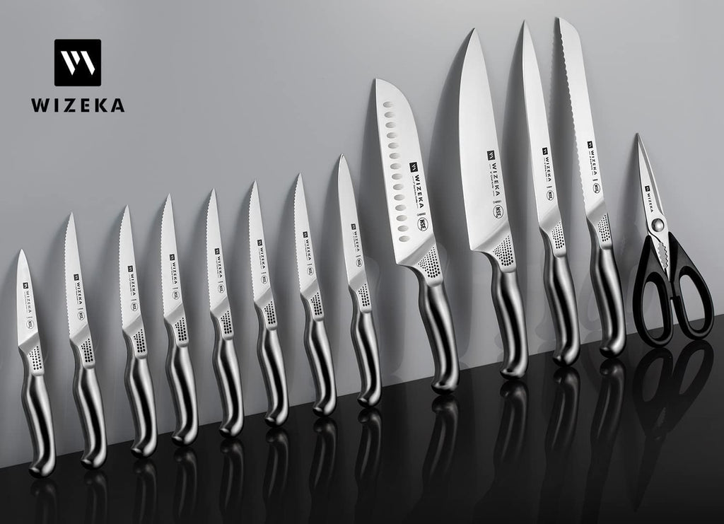 WIZEKA Kitchen Knife Set with Block and Sharpener German Steel 15 Piece