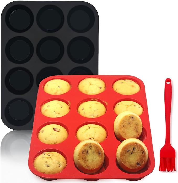 Silicone Muffin Pan Set,2 Pcs 2.8" 12 Cups Egg Bite Mold,Non-Stick,Easy Release,For Egg Muffins, Cupcakes, Large Muffins,Pizza Muffins,Cheesecakes(Black + Red)
