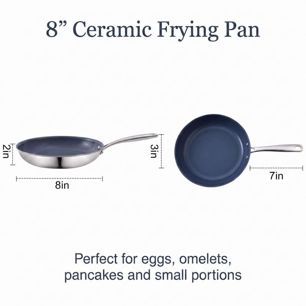Ephaclad 8 Inch Ceramic Frying Pan Skillet, Stainless Steel Nonstick Egg Pan, PTFE PFAS PFOA Free, Induction Compatible, Oven Safe, Hand Wash Recommended for Longer Coating Life