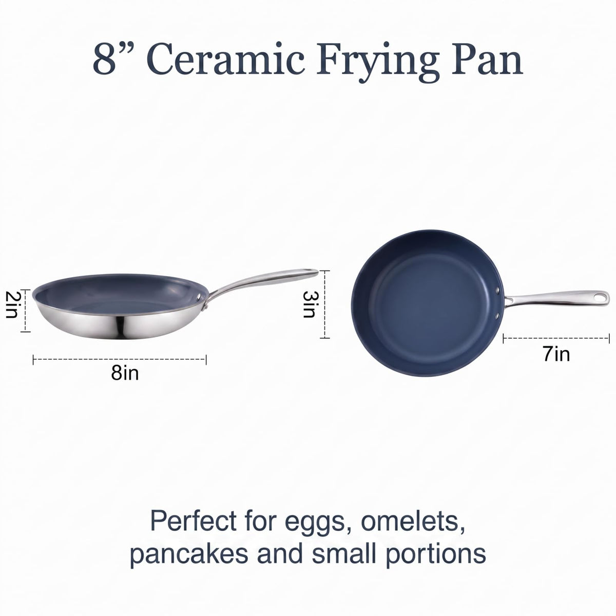 Ephaclad 8 Inch Ceramic Frying Pan Skillet, Stainless Steel Nonstick Egg Pan, PTFE PFAS PFOA Free, Induction Compatible, Oven Safe, Hand Wash Recommended for Longer Coating Life