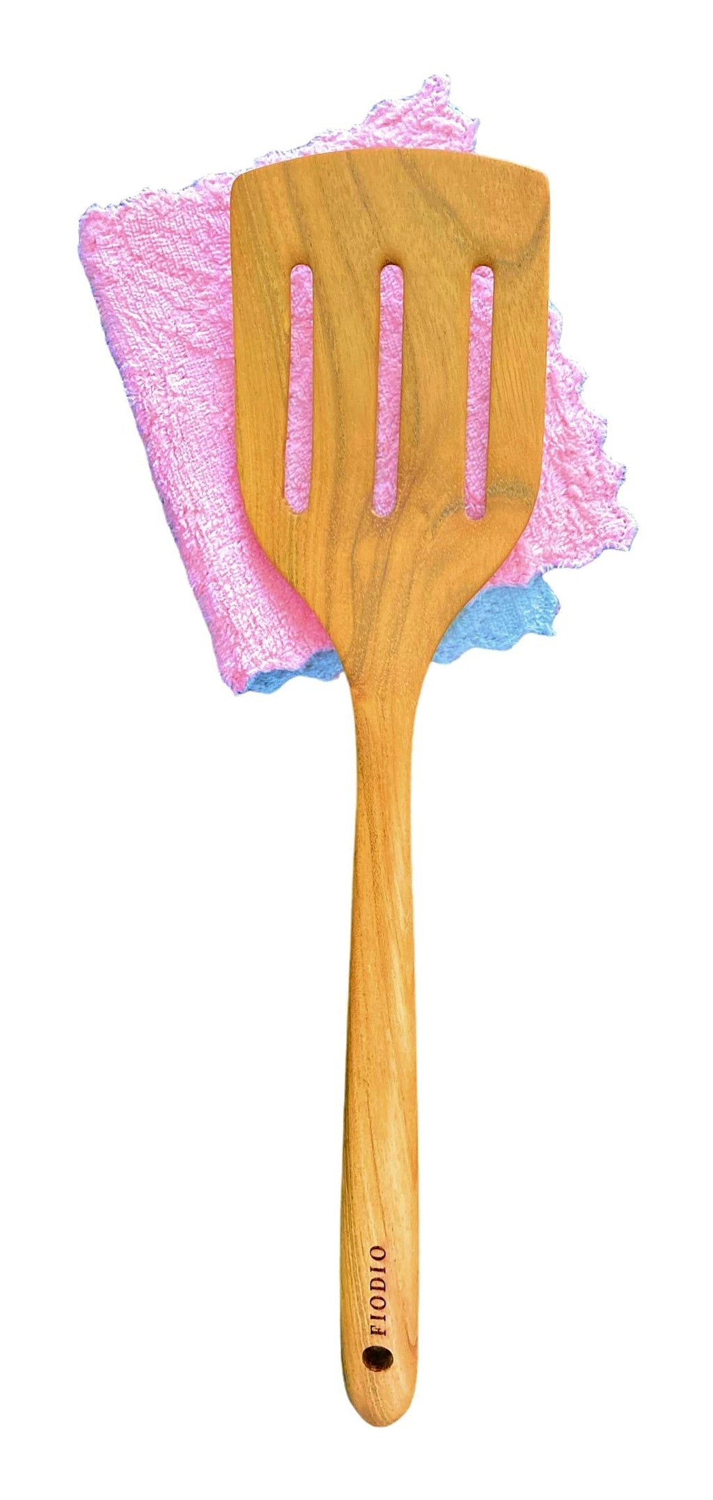Fiodio Home Teak Wooden Spatula, Spoons & Slotted Turner for Cooking – Natural Non-Stick, Handcrafted Kitchen Utensils with Comfort Grip & Microfiber Cloth