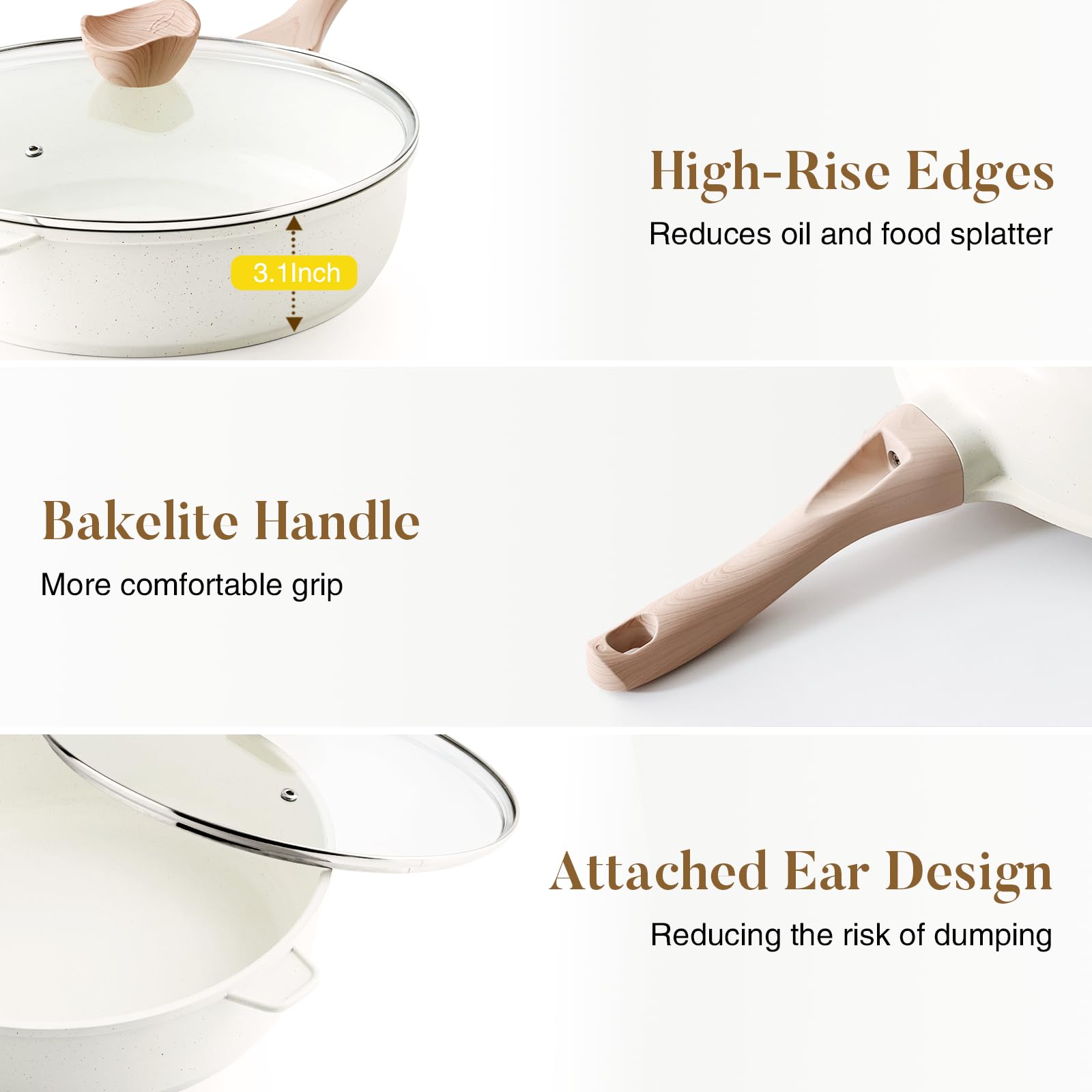 Kordisen Nonstick Ceramic Deep Frying Pan, 12 Inch Non Toxic Large Skillet with Lid, 5 Qt Healthy Jumbo Cooker, Saute Pan for Cooking, Induction Cookware, PFOA & PFAS Free (Cream)
