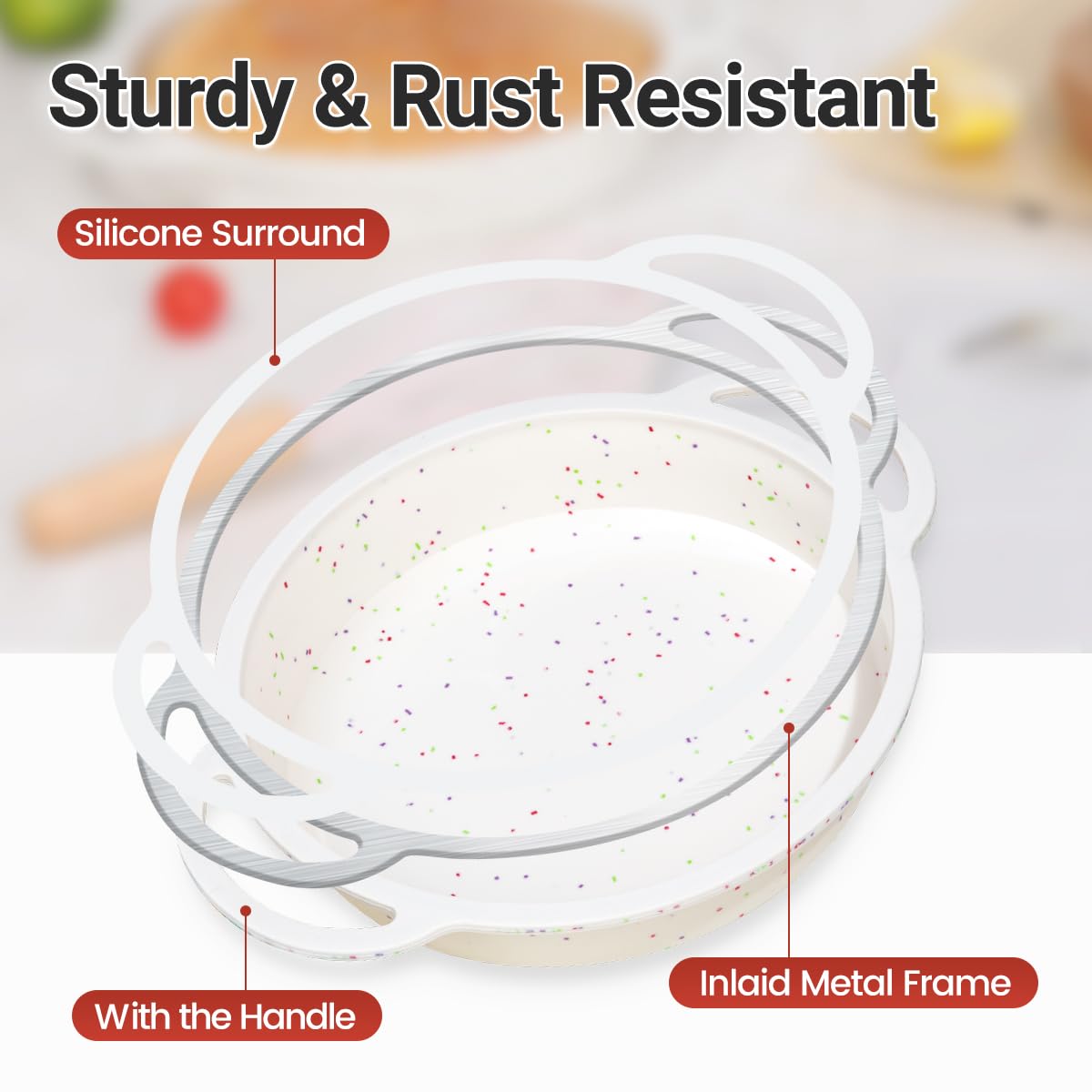 9 Inch Round Cake Pan, Metal Reinforced Frame Silicone Cake Mold for Baking with Handle Easy to Move 2 Pack Confetti