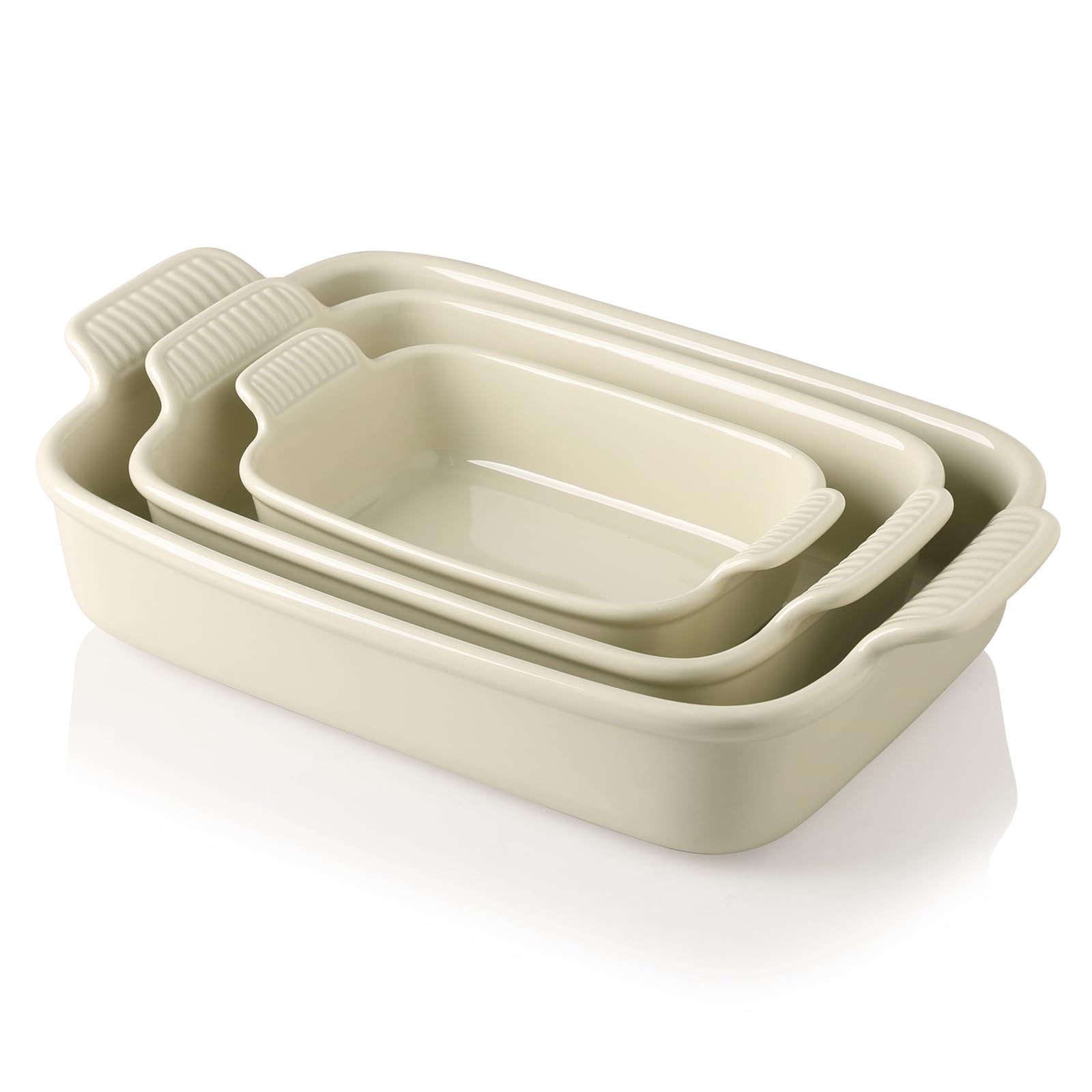 Sweejar Baking Pans Set, Ceramic 9x13 Baking Dish with Handle, Rectangular Casserole Dishes for Oven, Bakeware Sets of 3, Durable Lasagna Pan Deep for Kitchen, Banquet, Wedding Gift(Beige)