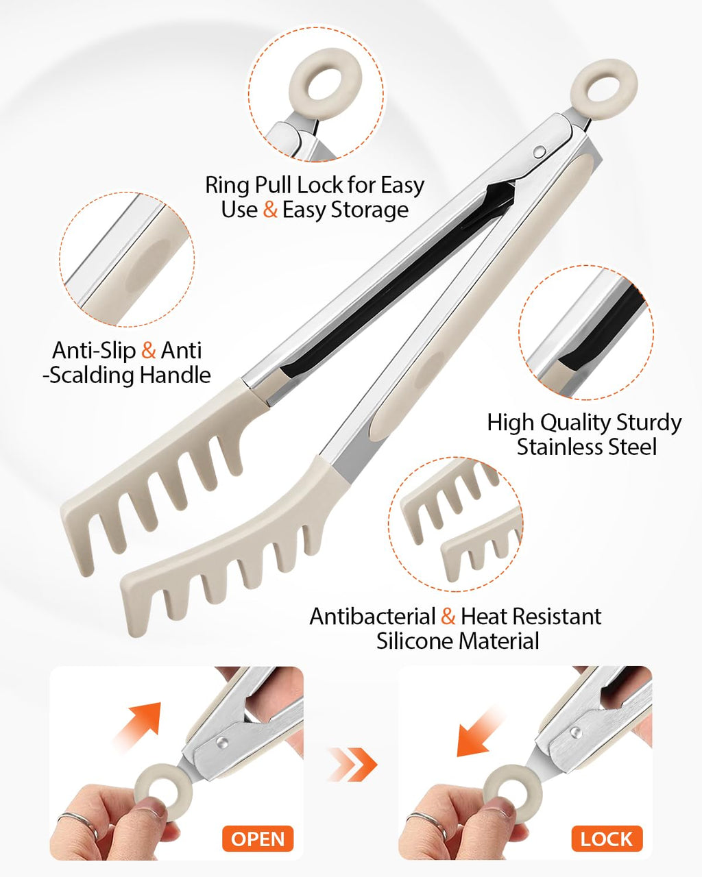 Silicone Spaghetti Spoon & Pasta Tong, Non-Stick Stainless Steel Handle Pasta Fork Set with Teeth, Food Clip for Easy Serving of Noodles (Khaki)