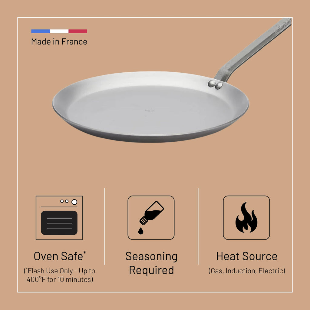 de Buyer MINERAL B Carbon Steel Crepe & Tortilla Pan - 9.5” Diameter, 8.25” Cooking Surface - Ideal for Making & Reheating Crepes, Tortillas & Pancakes - Naturally Non-Stick Finish - Made in France