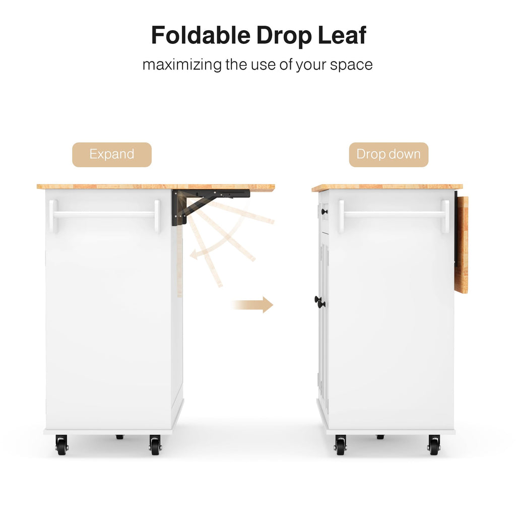 Ahomly Kitchen Island with Storage, 47.6" Rolling Kitchen Island on Wheels with Drop Leaf, Door Cabinet, Drawer, Spice Rack, Towel Rack and Knife Holder, Kitchen Cart Island Table for Kitchen, White