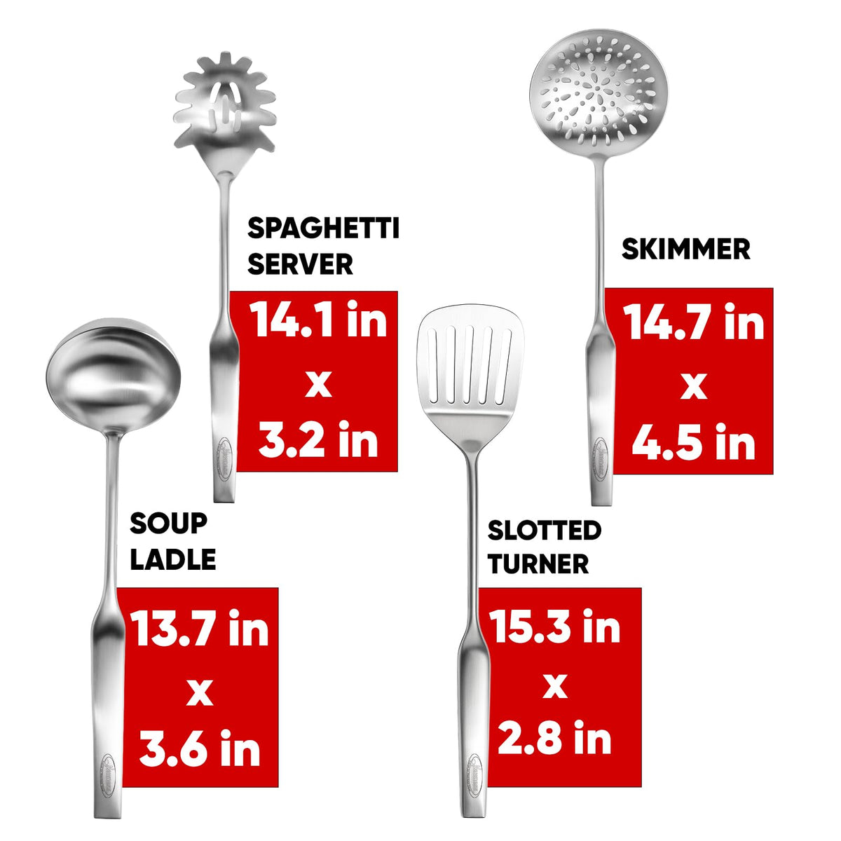 Newness 4 Pcs Cooking Utensils Set, 304 Stainless Steel Kitchen Utensils Set, Metal Kitchen Accessories, Include Soup Ladle, Slotted Skimmer Spoon, Spaghetti Spoon and Spatula, Dishwasher Safe