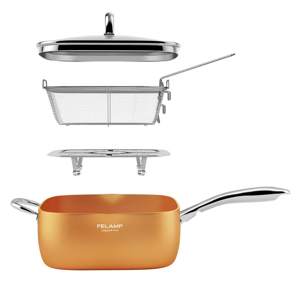 FELAMP 9.5-Inch Ceramic Nonstick Deep Square Frying Pan Set with Glass Lid, Stainless Steel Fry Basket & Steamer Rack, Induction Compatible, Oven &Dishwasher Safe, 4-Piece Copper Pan Chef Cookware Set
