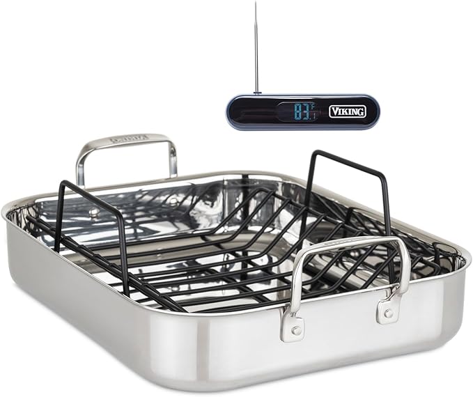 Viking 3-Ply Oval Roasting Pan, 8.5 Quart, Stainless Steel Kitchen Cookware with Metal Induction Lid and Rack, Great for Turkey, Dishwasher and Oven Safe, Silver