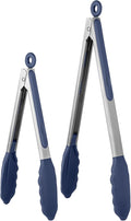 600ºF Heat Resistant Kitchen Tongs: U-Taste 9+12 inch Silicone Cooking Tong Set with Firm Sealed Non Stick Rubber Tips and Silicon Coated 18/8 Stainless Steel Handle for Serving Grilling-Midnight Blue