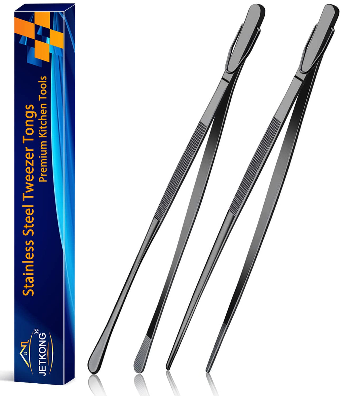 JETKONG 2 Pcs 12-Inch Cooking Tweezer Tongs Stainless Steel Kitchen Tweezers Plating Tongs (Navy Blue)
