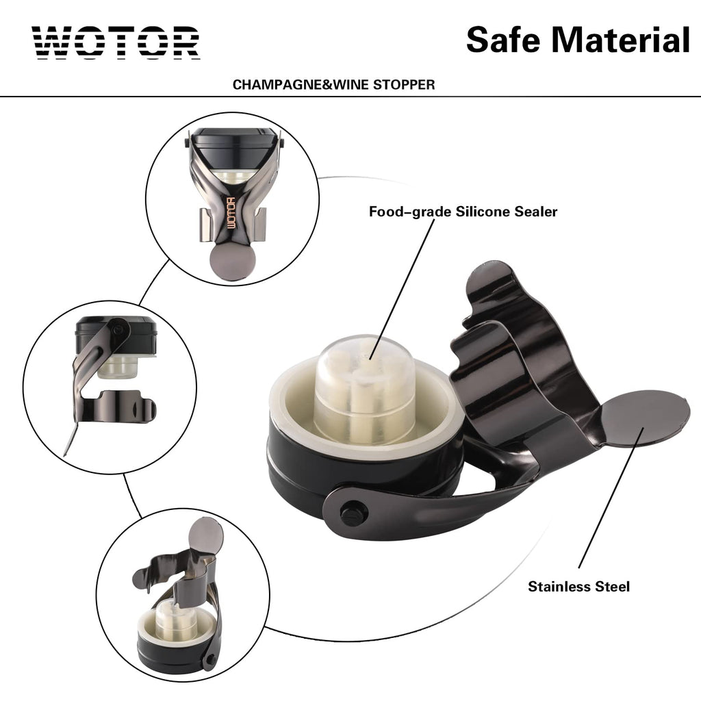WOTOR Champagne&Wine Bottle Stoppers Stainless Steel with Food Grade Silicone, Leak Proof Keep Fresh Reusable Saver, Cork Suitable for Wine, Champagne, Cava, Prosecco and Sparkling (6 Pack Black）