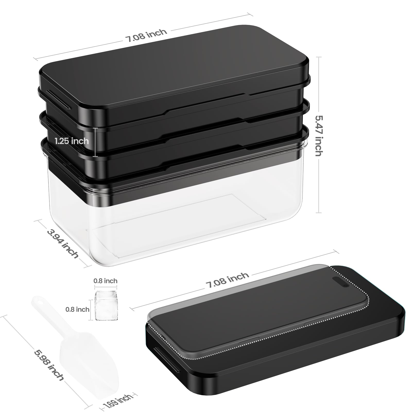 0.8“ Ice Cube Tray with Lid and Bin, PHINOX 84 Cubes Ice Trays for Freezer, Ice Cube Trays for Freezer with 3 trays, Container, Lid & Ice Scoop, BPA Free, Black(28Cubes/Tier)