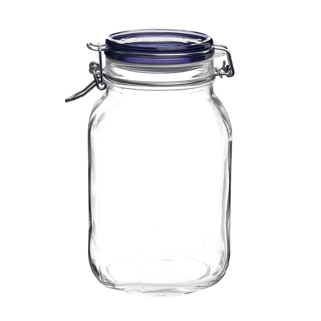 Bormioli Rocco Fido Glass Jar, Blue Lid - Serving & Entertaining Container - 33.75 oz Airtight Clamp Canister for Appetizers, Desserts, Snacks & Gifting - Italian Glass, Dishwasher Safe
