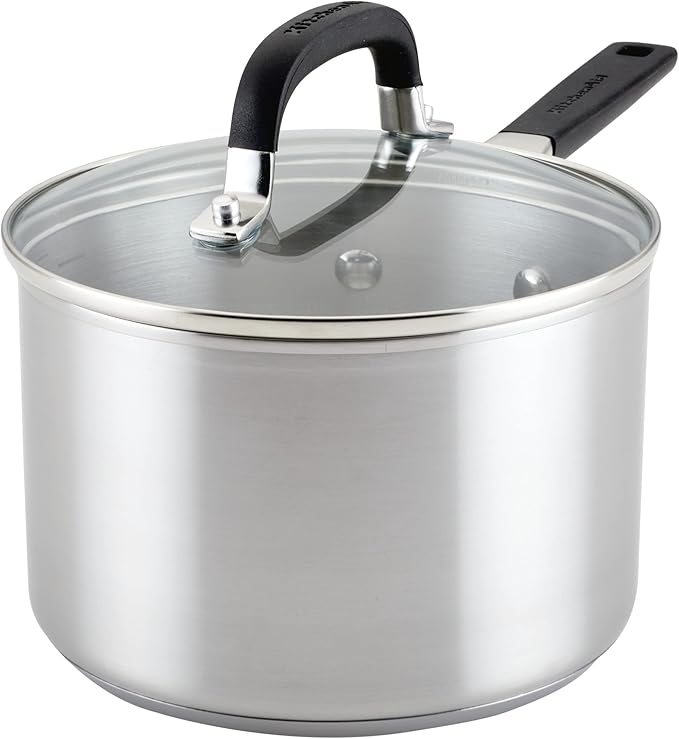KitchenAid 3 Quart Saucepan with Lid, Brushed Stainless Steel Induction Saucepan