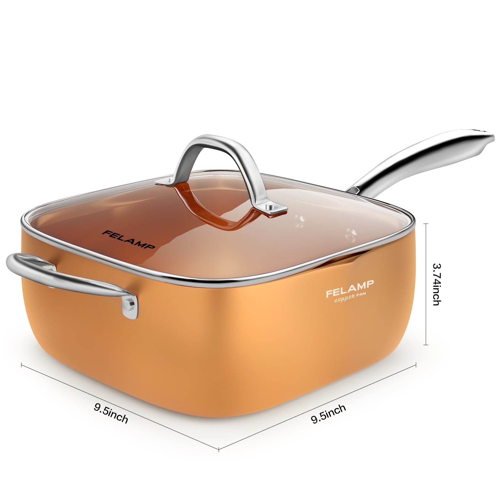 FELAMP 9.5-Inch Ceramic Nonstick Deep Square Frying Pan Set with Glass Lid, Stainless Steel Fry Basket & Steamer Rack, Induction Compatible, Oven &Dishwasher Safe, 4-Piece Copper Pan Chef Cookware Set