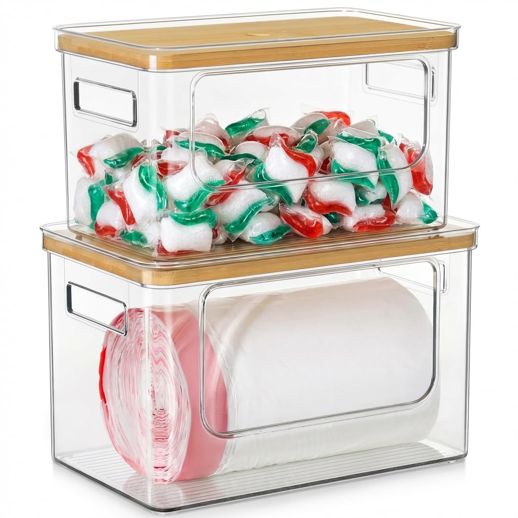 Hudgan Stackable Storage with Bamboo Top for Laundry Room Organization, Extra Large Trash Bag/Garbage Bag Dispenser, Under Sink Organizer, Pantry Organizers
