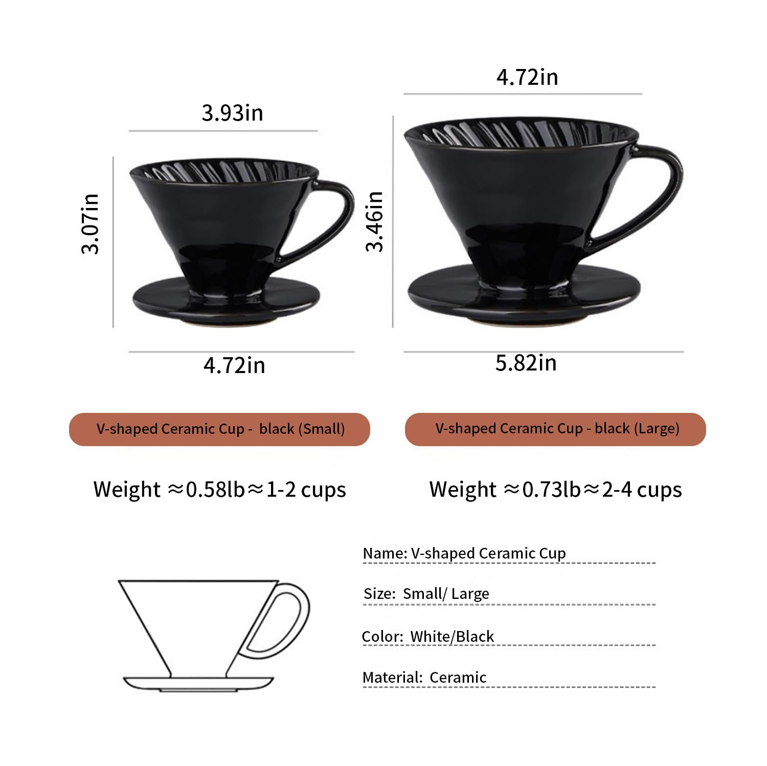 Marirao Pour Over Coffee Maker, Single Cup Coffee Dripper, Manual Porcelain Slow Brewing Accessories for Travel, Camping, Office, Home, Cafe, Coffee Gifts (Black, Large)