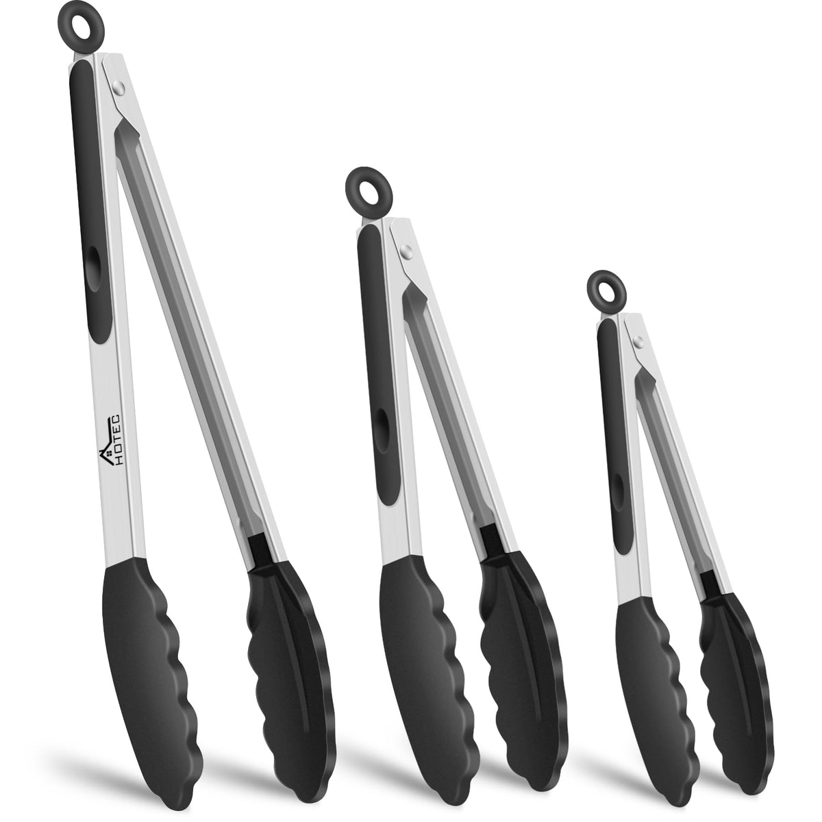 HOTEC Stainless Steel Kitchen Tongs with Silicone Tips, Set of 3-7",9" &12"